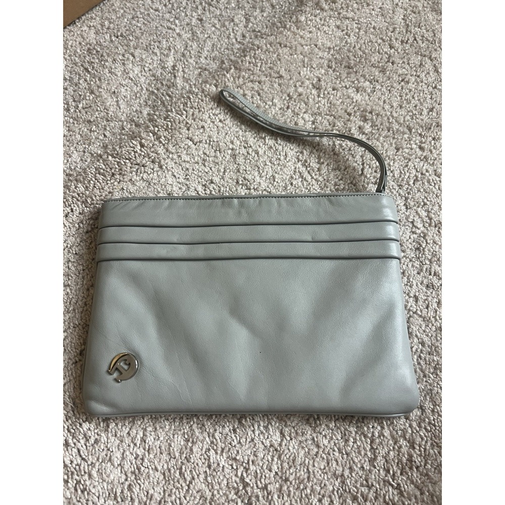 Vintage 1970s Etienne Aigner Clutch Purse Gray Smooth Leather Pleated Detailing